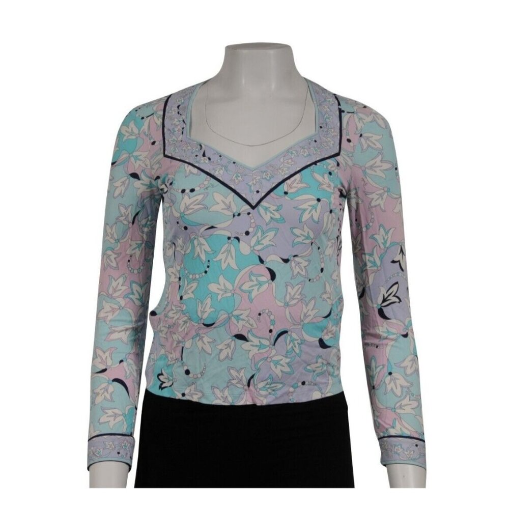 Emilio Pucci Floral V Neck Top US 8 IT 38 Blue Purple Pink Viscose Long Sleeve